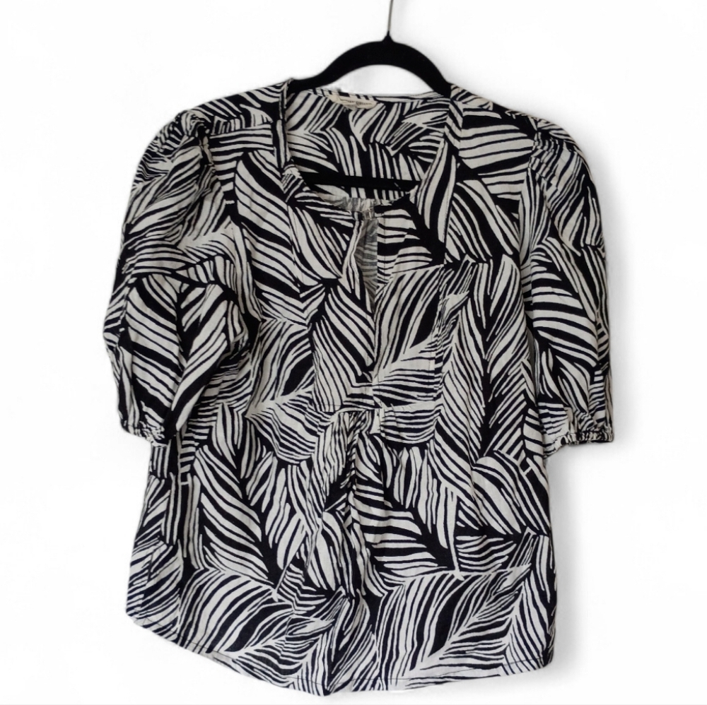 Black and White Leaf Print Women's Top Linen Blend Size M